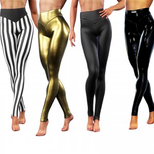 Women Fashion Casual Skinny Pants Shiny leather front and back V-waist leggings Leather trousers